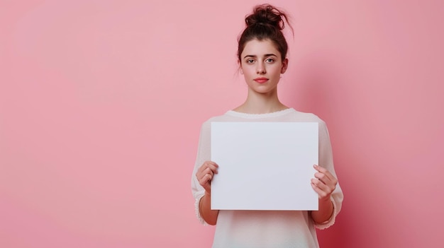 lady with expressing Gratitude and Thankfulness holding hands paper side white empty space poster proposing buy advert place isolated on solid color background