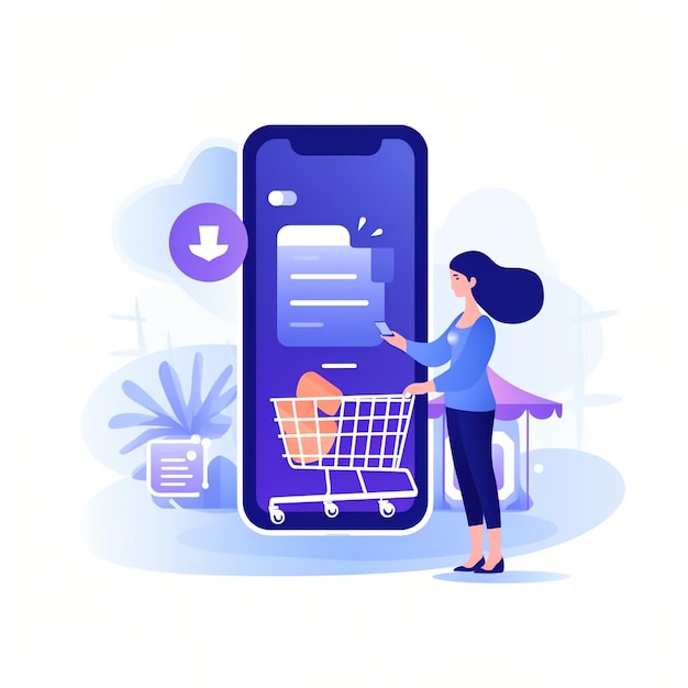 Photo lady with shopping cart and mobile phone