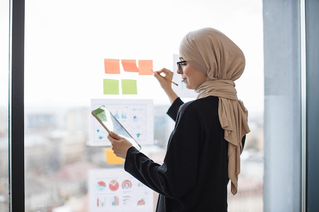 Lady with tablet writing notes on stickers near infographics