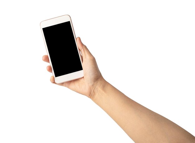 白い背景に隔離された携帯電話を握っている女性の手