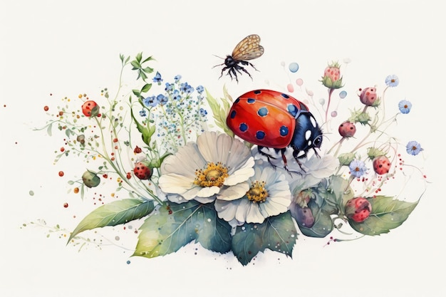 A ladybug and a bee on a flower