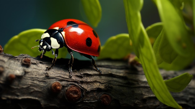 ladybug on a branch with green background