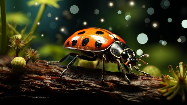 ladybug on a branch with the light behind it