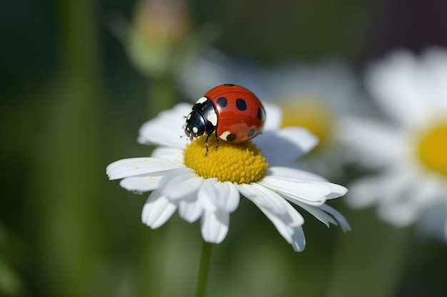 Ladybug on camomile flower Ladybug on camomile flower A cute red ladybug on a white chamomile flower with vibrant green leaves AI Generated