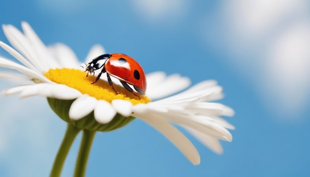 Photo ladybug on chamomile summertime macro