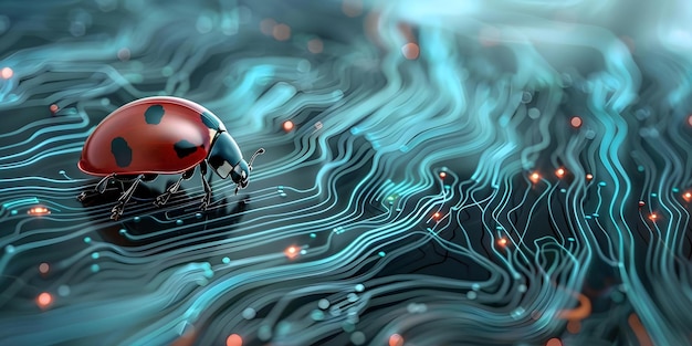 ladybug on computer circuitry symbolizing problemsolving and troubleshooting in technology concept ladybug symbolism technology troubleshooting problemsolving metaphor computer circuitry art