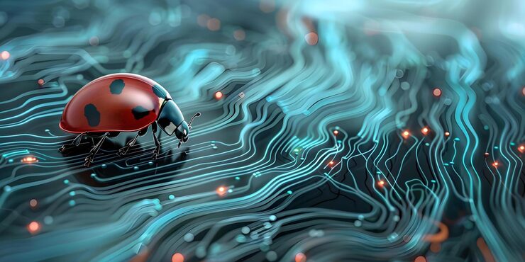 Photo ladybug on computer circuitry 象徵技術中的問題解決和故障解決概念 ladybug symbolism 技術故障解決問題解決比喻 電腦電路藝術