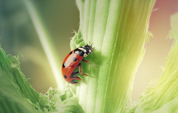 Ladybug crawling over a celery leave