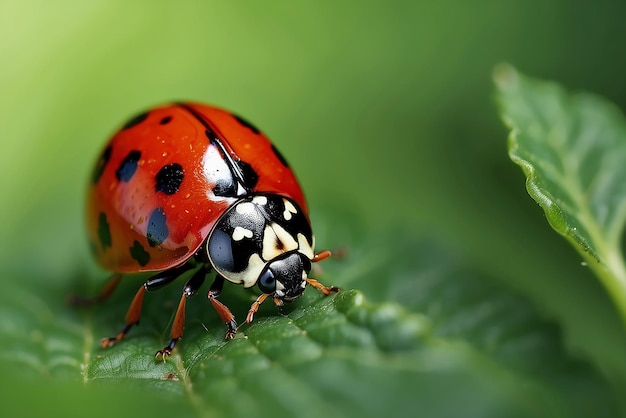 Ladybug crawling on a green meadow leaf