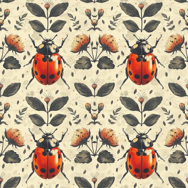 Photo ladybug and daisies pattern on white background