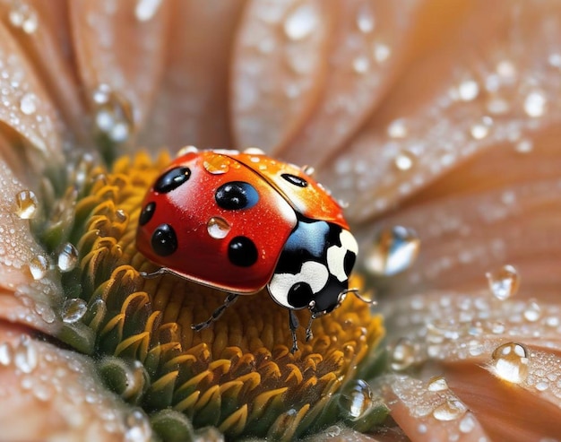 Foto una coccinella decorata con gocce di rugiada scintillanti si siede graziosamente su un brillante petalo di girasole