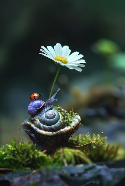 Ladybug en slak op kamille Een kleine madeliefje bloem die uit een schelp groeit