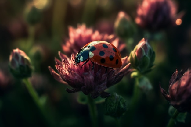 A ladybug on a flower in the sunlight