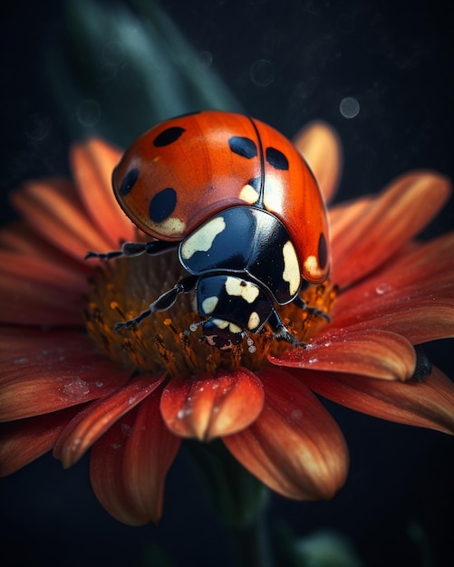 A ladybug on a flower with a black background