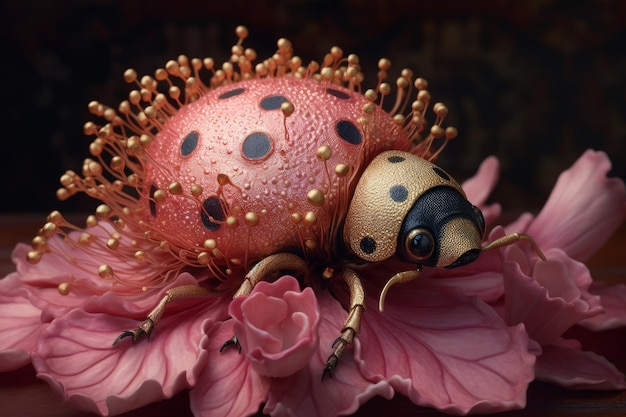 A ladybug on a flower with gold dots