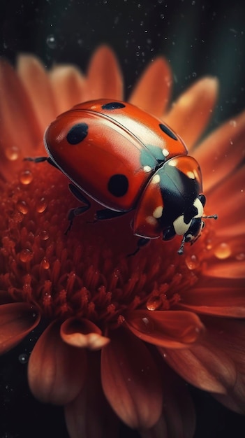 Foto una coccinella su un fiore con sopra delle gocce di pioggia