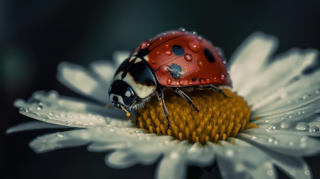 A ladybug on a flower with water droplets on it