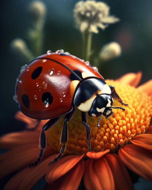 A ladybug on a flower with water droplets on it