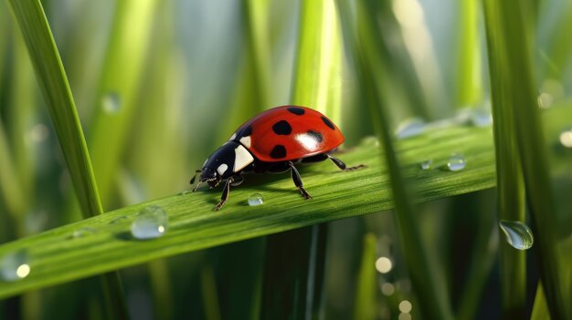 Photo ladybug on grass macro photo