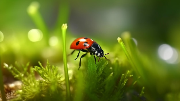 A ladybug on a green grass