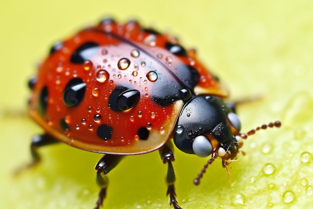 Ladybug on green leaf in the rain drops macro close up