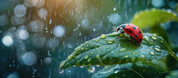 Ladybug on Green Leaf in Rain