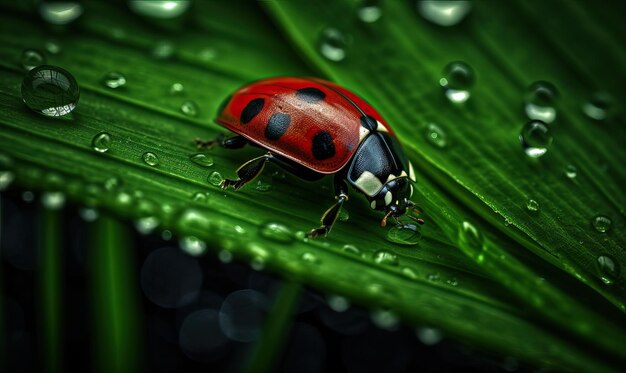 Ladybug on Green Leaf with Dew Drops Created using generative AI tools