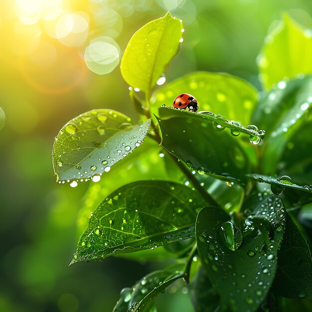 Ladybug on green leaf with dew drops Nature background