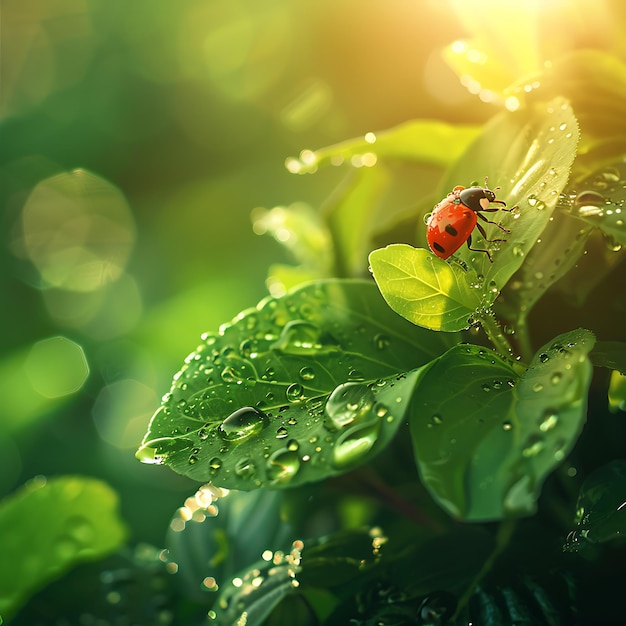Ladybug on green leaf with dew drops Nature background