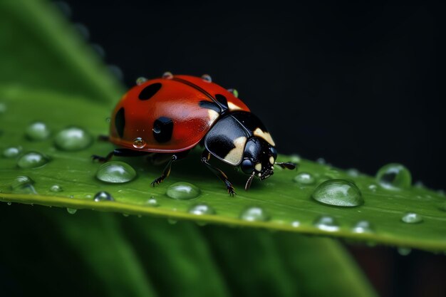 Ladybug on green leaf with water drop ai generated