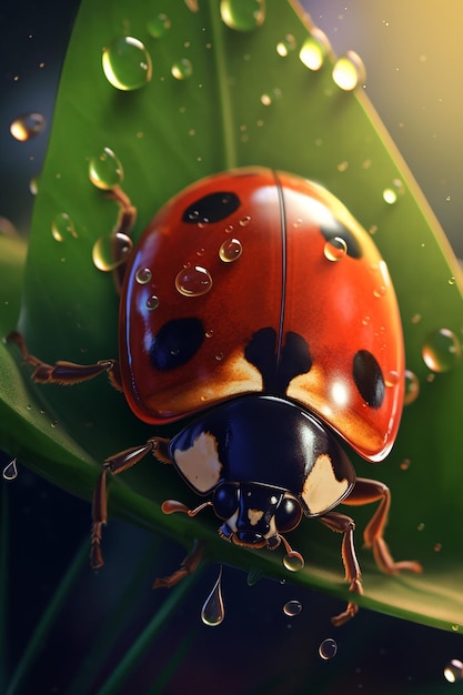 A ladybug on a green leaf