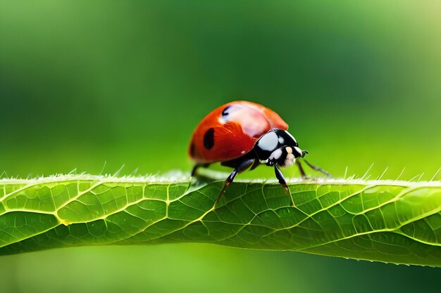 A ladybug on a green leaf