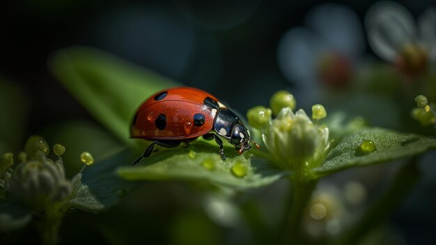 A ladybug on a green leaf