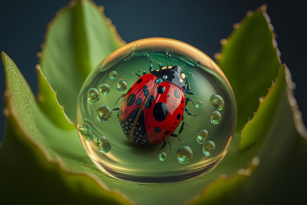 A ladybug inside drop water over the green leaf. AI generated