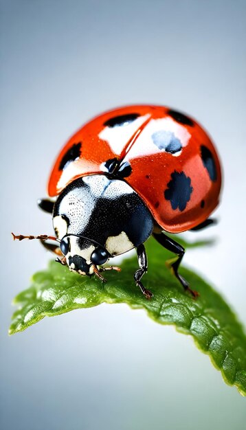 a ladybug is on a green leaf with a black dot on the back