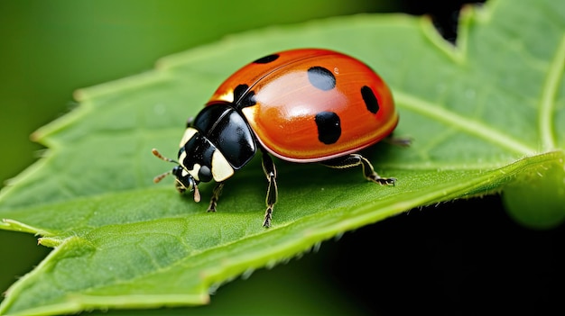 A ladybug is on a green leaf.