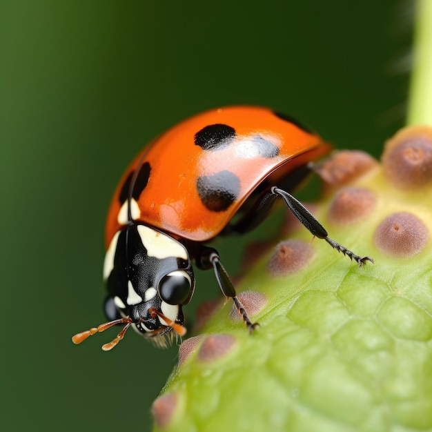 A ladybug is on a green plant with a black background.