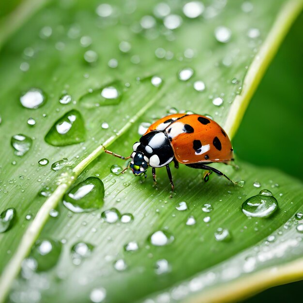 Photo a ladybug is on a leaf with water drops