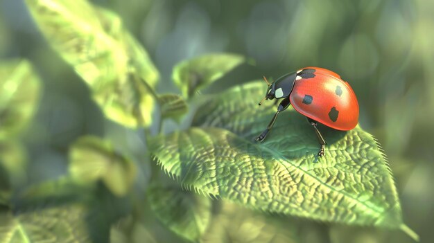 Photo a ladybug is perched on a green leaf the ladybug is red with black spots the leaf has a serrated edge and is backlit by the sun