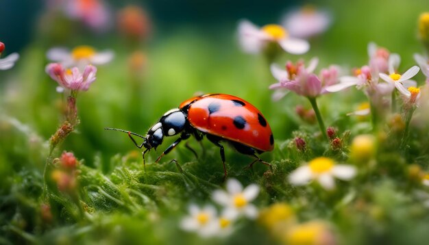 Foto una coccinella è seduta nell'erba con i fiori