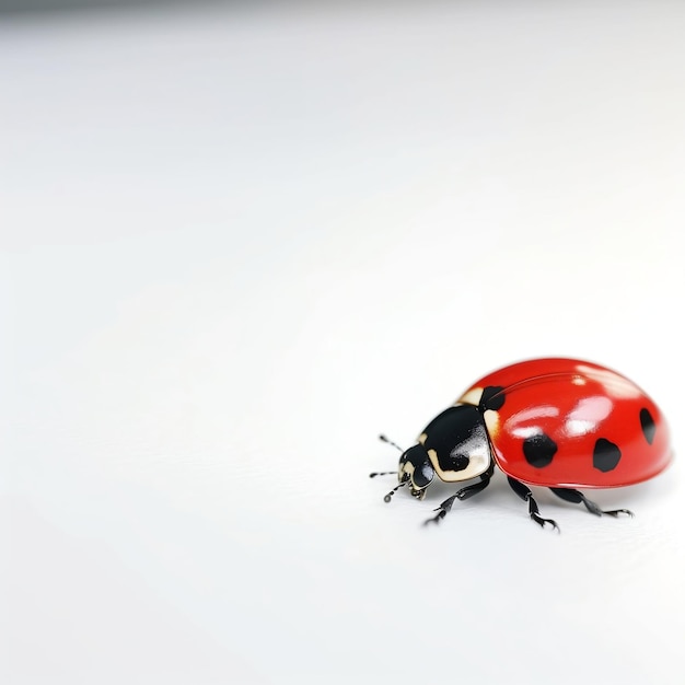 A ladybug is on a white surface with the word ladybird on it.