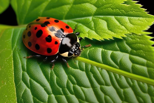 Ladybug on a leaf The bright red and black polka dots of the ladybug contrast beautifully