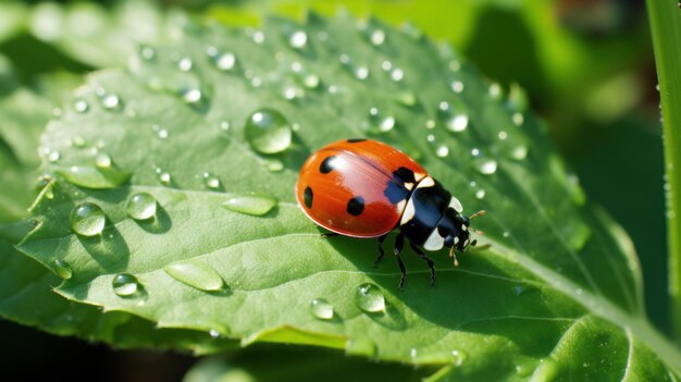 A ladybug on a leaf in the field