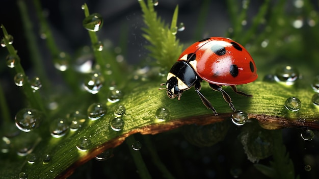 ladybug on a leaf in the green grass in the style of photorealistic landscapes