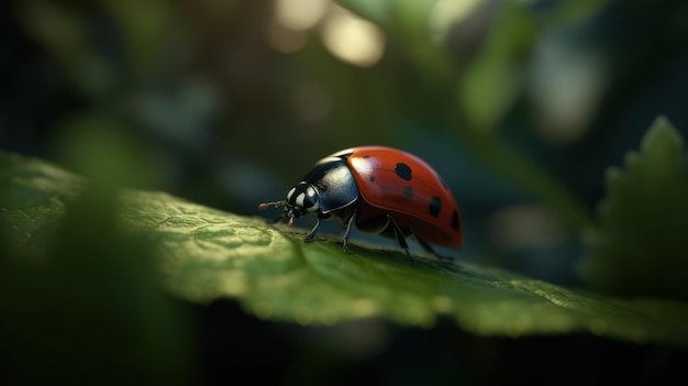 A ladybug on a leaf in the sun