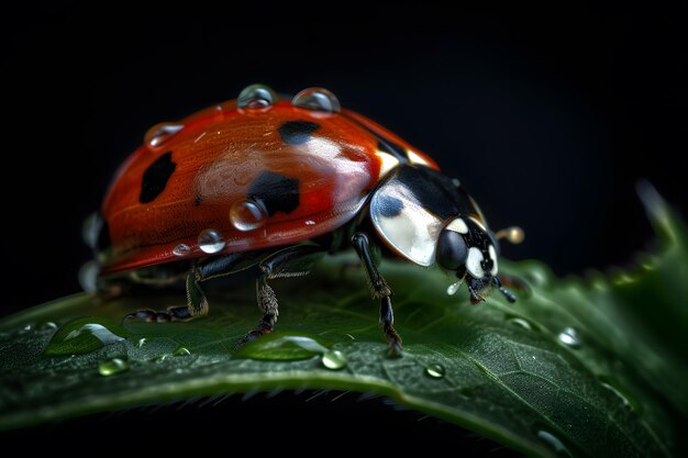 A ladybug on a leaf with a black background