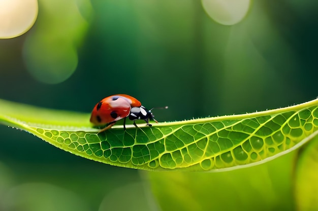 A ladybug on a leaf with green background