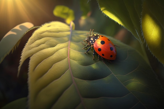 A ladybug on a leaf with the sun shining behind it