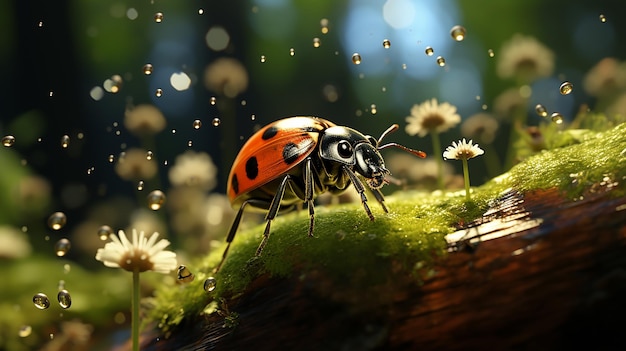 a ladybug on a log with the sun shining through the background.