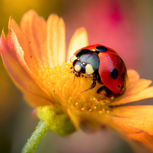 Ladybug under a microscope on a flower